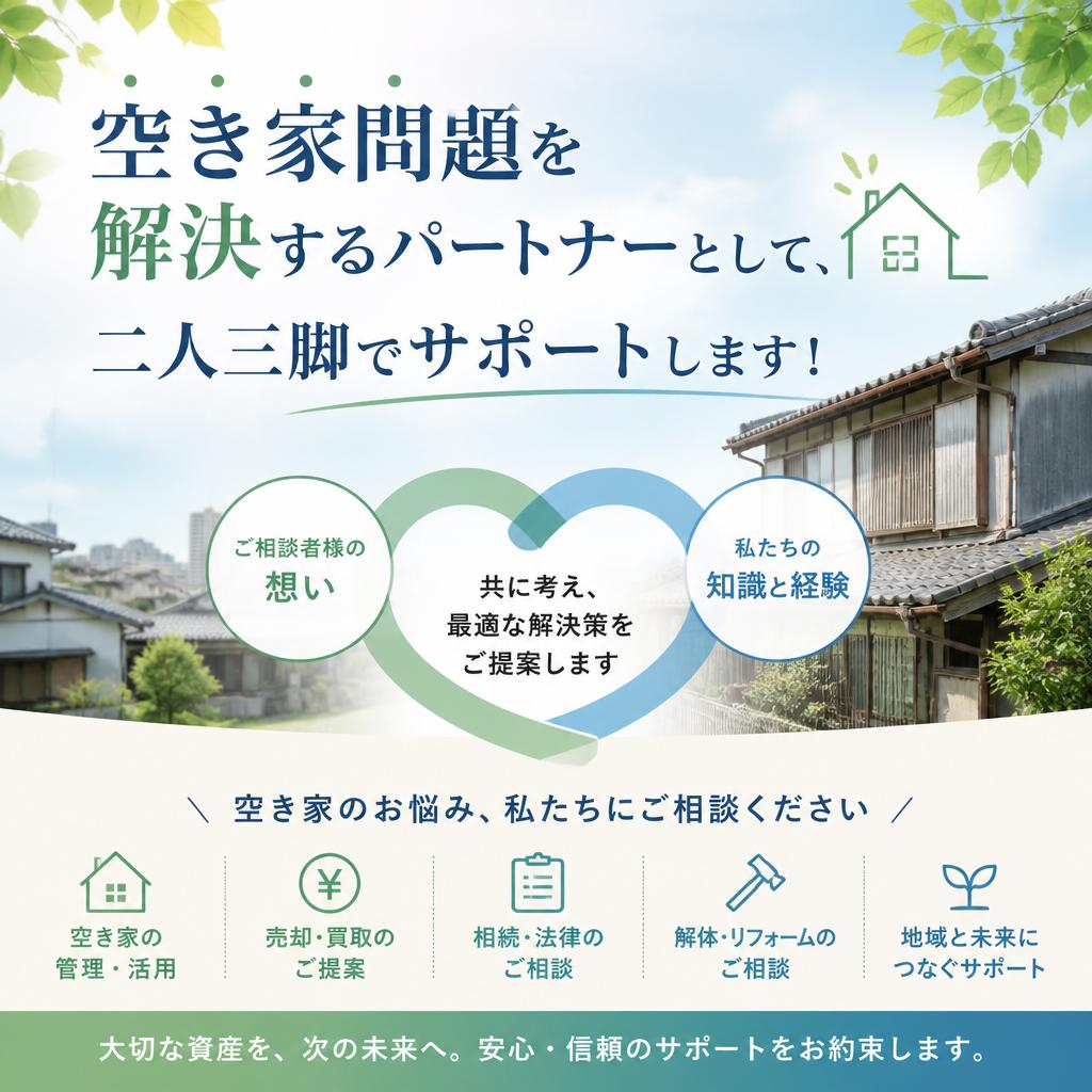 空き家問題を解決するパートナーとして、二人三脚でサポートします！